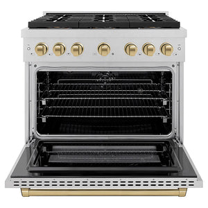 ZLINE Autograph Edition 36 in. 5.2 cu. ft. Paramount Dual Fuel Range with 6 Burner DuoPro™ Cooktop and Electric Convection Oven in Satin Stainless Steel and Champagne Bronze Accents (PSDRSZ-36-CB) front, oven open.