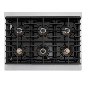 ZLINE Autograph Edition 36 in. 5.2 cu. ft. Paramount Dual Fuel Range with 6 Burner DuoPro™ Cooktop and Electric Convection Oven in Satin Stainless Steel and Champagne Bronze Accents (PSDRSZ-36-CB) top-down, above cooktop.