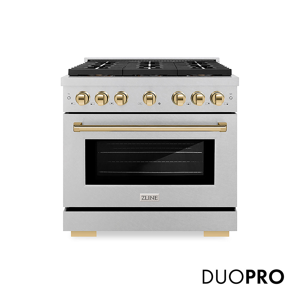 ZLINE Autograph Edition 36 in. 5.2 cu. ft. Paramount Dual Fuel Range with 6 Burner DuoPro™ Cooktop and Electric Convection Oven in Satin Stainless Steel and Polished Gold Accents (PSDRSZ-36-G)