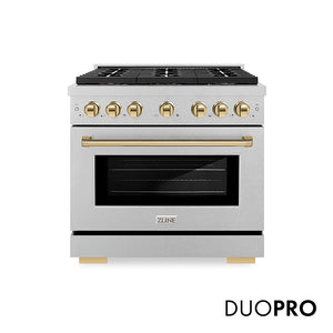 ZLINE Autograph Edition 36 in. 5.2 cu. ft. Paramount Dual Fuel Range with 6 Burner DuoPro™ Cooktop and Electric Convection Oven in Satin Stainless Steel and Polished Gold Accents (PSDRSZ-36-G)