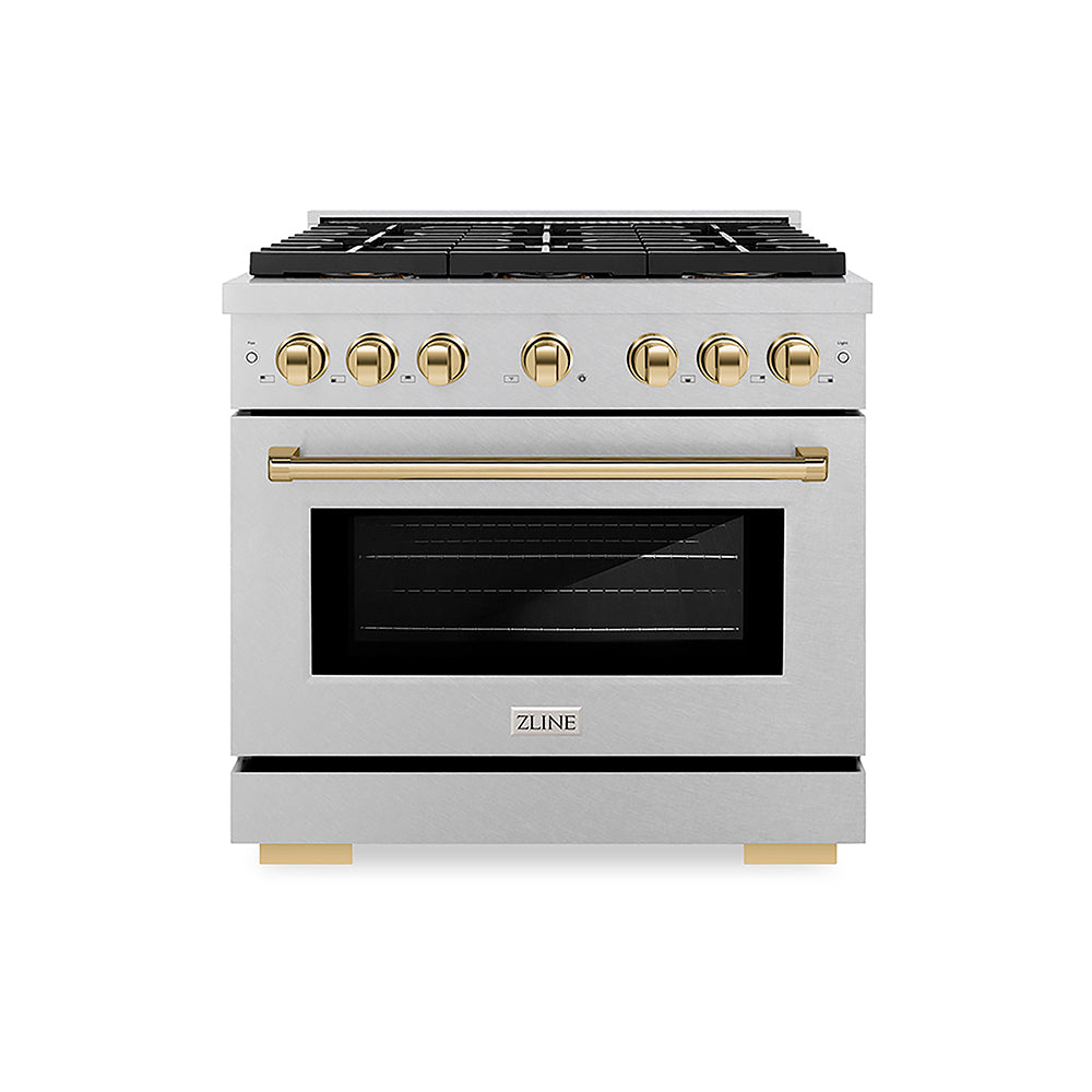 ZLINE Autograph Edition 36 in. 5.2 cu. ft. Paramount Dual Fuel Range with 6 Burner DuoPro™ Cooktop and Electric Convection Oven in Satin Stainless Steel and Polished Gold Accents (PSDRSZ-36-G)