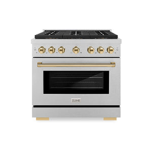 ZLINE Autograph Edition 36 in. 5.2 cu. ft. Paramount Dual Fuel Range with 6 Burner DuoPro™ Cooktop and Electric Convection Oven in Satin Stainless Steel and Polished Gold Accents (PSDRSZ-36-G)