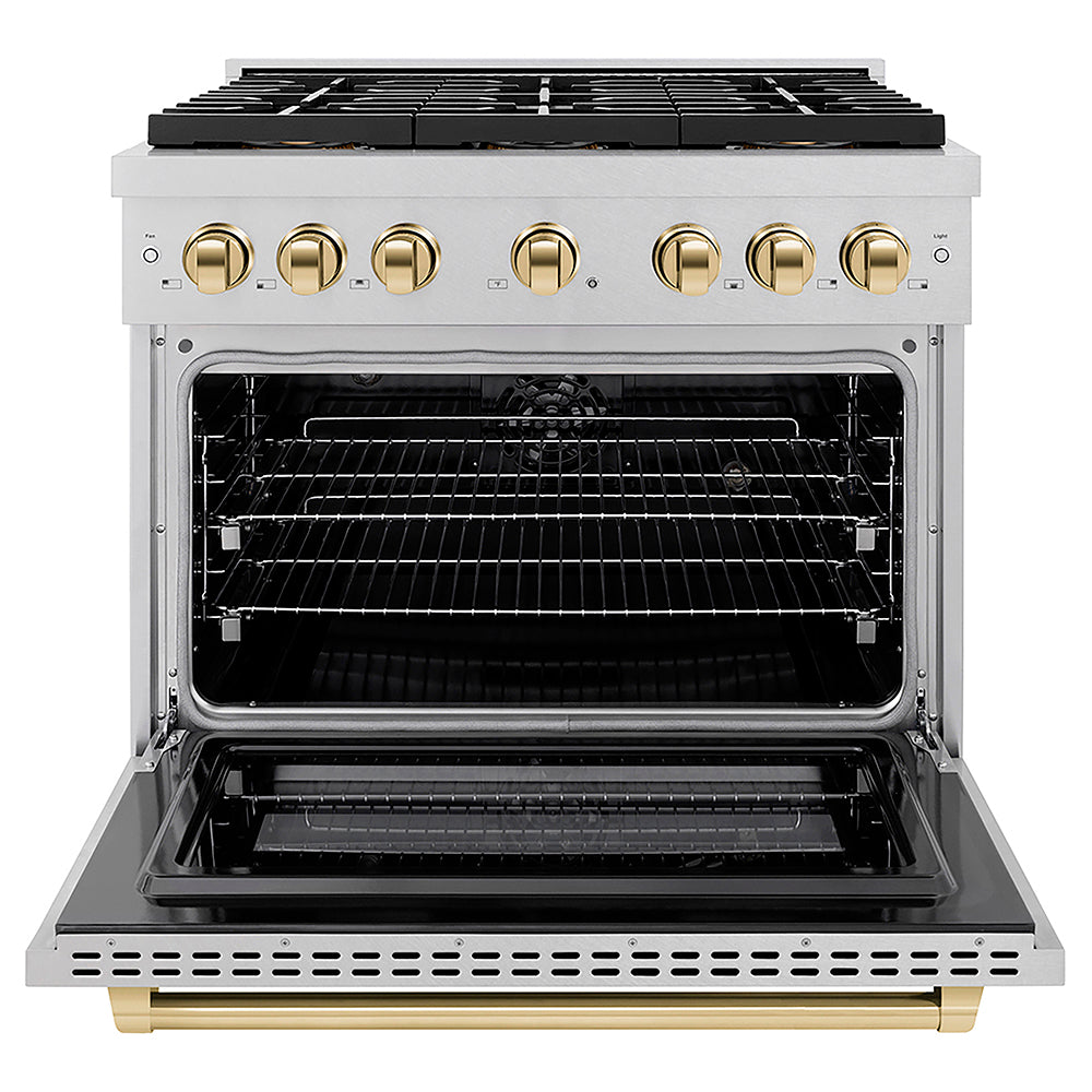 ZLINE Autograph Edition 36 in. 5.2 cu. ft. Paramount Dual Fuel Range with 6 Burner DuoPro™ Cooktop and Electric Convection Oven in Satin Stainless Steel and Polished Gold Accents (PSDRSZ-36-G)