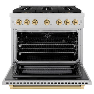 ZLINE Autograph Edition 36 in. 5.2 cu. ft. Paramount Dual Fuel Range with 6 Burner DuoPro™ Cooktop and Electric Convection Oven in Satin Stainless Steel and Polished Gold Accents (PSDRSZ-36-G)
