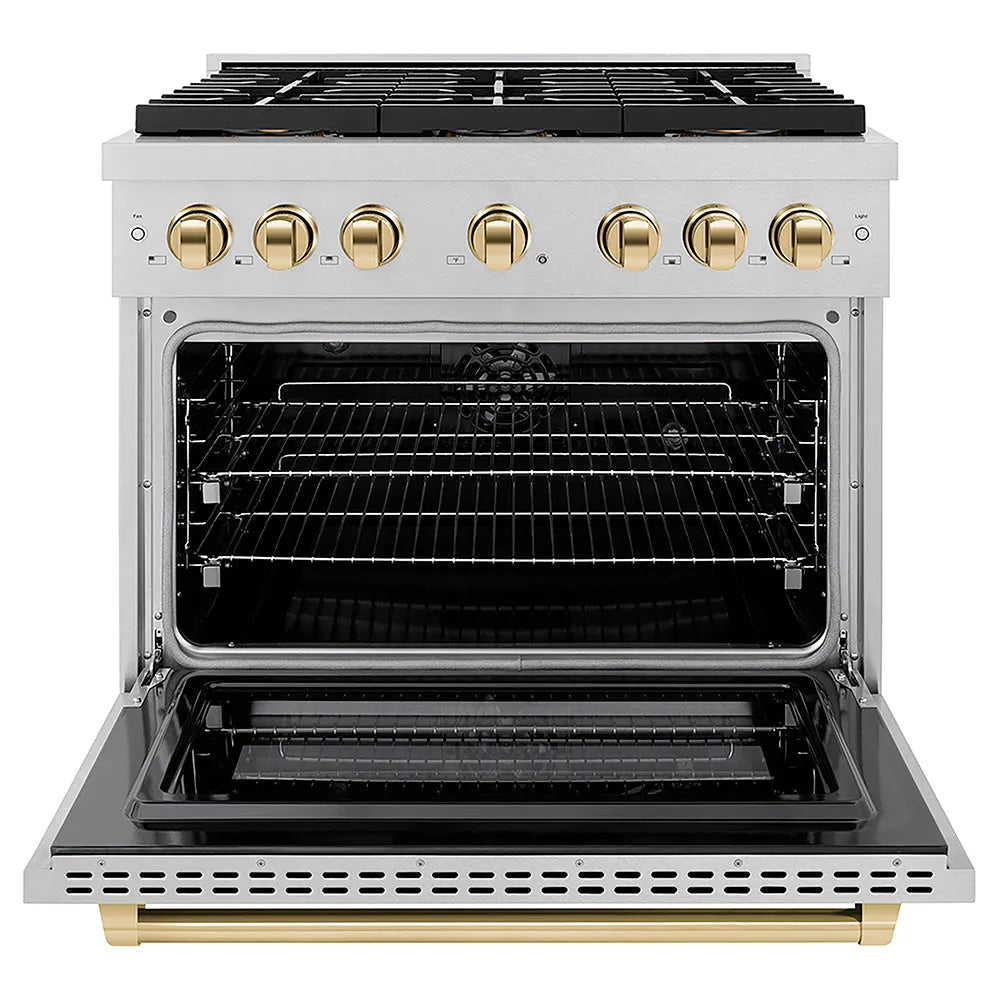 ZLINE Autograph Edition 36 in. 5.2 cu. ft. Paramount Dual Fuel Range with 6 Burner DuoPro™ Cooktop and Electric Convection Oven in Satin Stainless Steel and Polished Gold Accents (PSDRSZ-36-G) front, oven open.