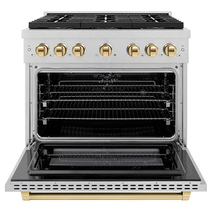 ZLINE Autograph Edition 36 in. 5.2 cu. ft. Paramount Dual Fuel Range with 6 Burner DuoPro™ Cooktop and Electric Convection Oven in Satin Stainless Steel and Polished Gold Accents (PSDRSZ-36-G) front, oven open.