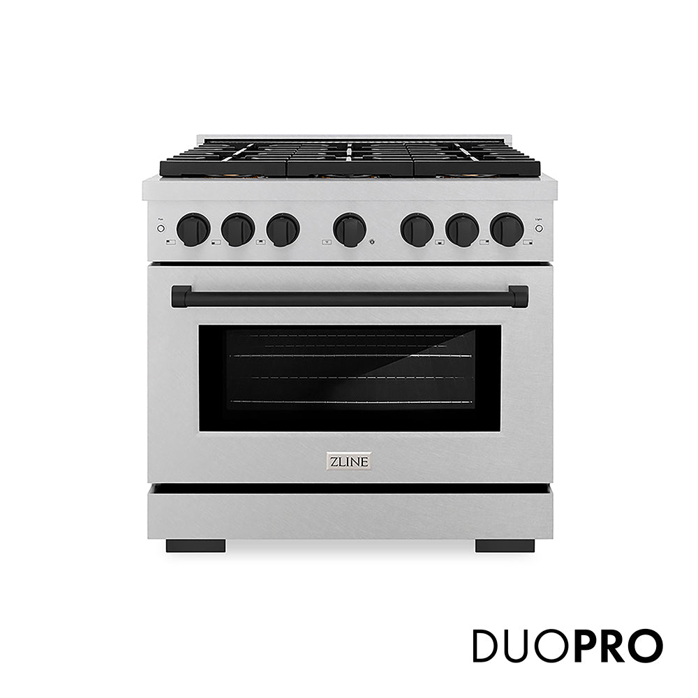 ZLINE Autograph Edition 36 in. 5.2 cu. ft. Paramount Dual Fuel Range with 6 Burner DuoPro™ Cooktop and Electric Convection Oven in Satin Stainless Steel and Matte Black Accents (PSDRSZ-36-MB)