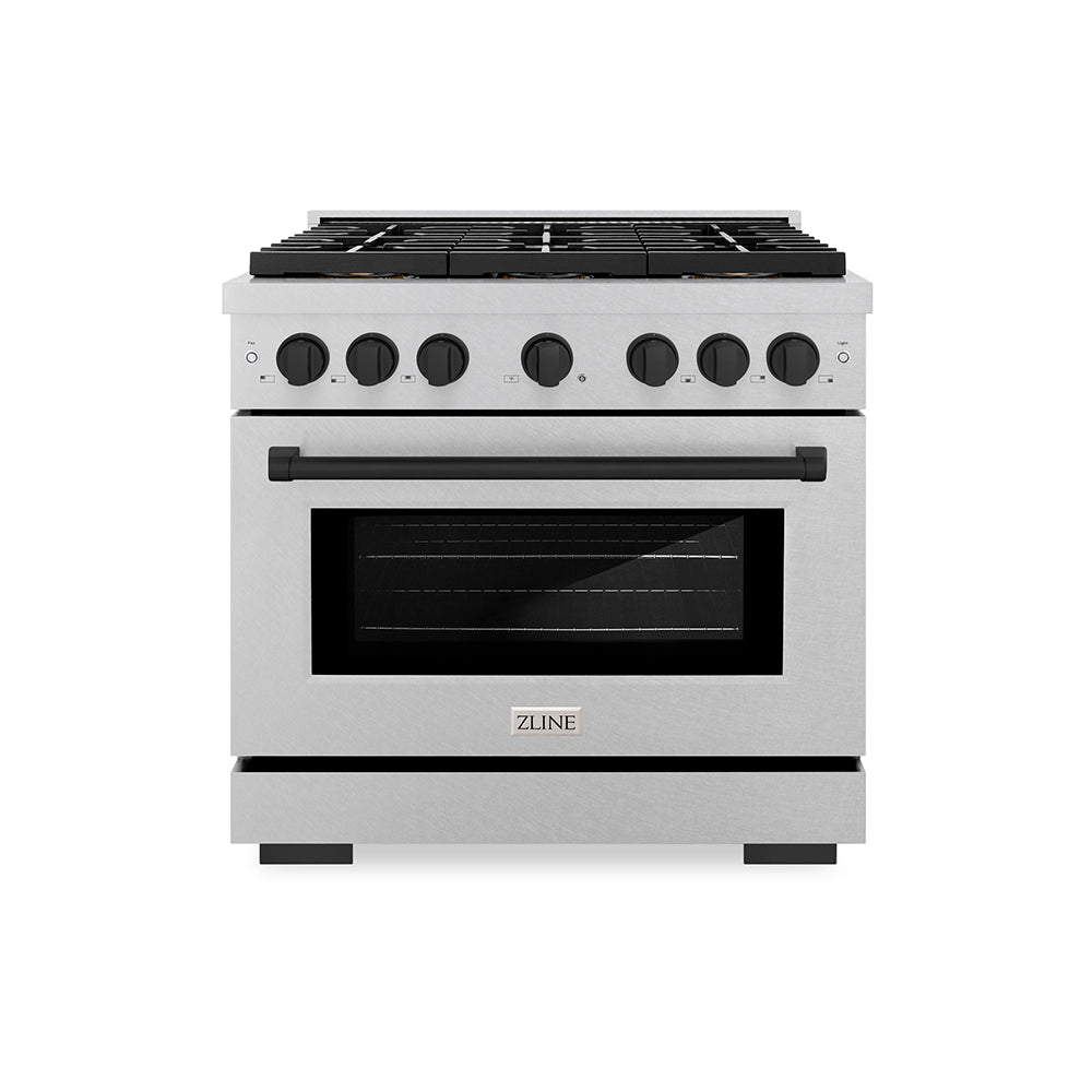 ZLINE Autograph Edition 36 in. 5.2 cu. ft. Paramount Dual Fuel Range with 6 Burner DuoPro™ Cooktop and Electric Convection Oven in Satin Stainless Steel and Matte Black Accents (PSDRSZ-36-MB)