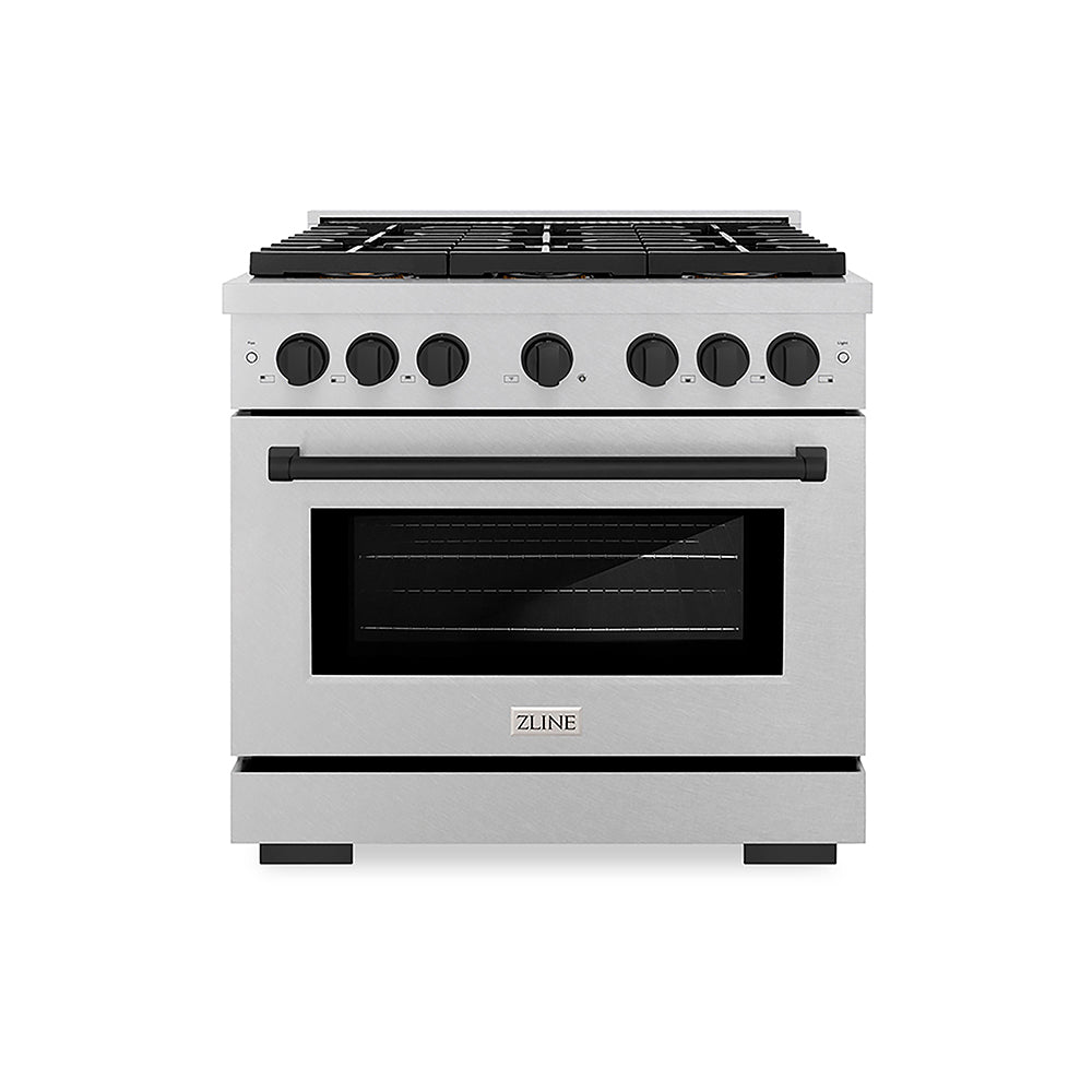 ZLINE Autograph Edition 36 in. 5.2 cu. ft. Paramount Dual Fuel Range with 6 Burner DuoPro™ Cooktop and Electric Convection Oven in Satin Stainless Steel and Matte Black Accents (PSDRSZ-36-MB)