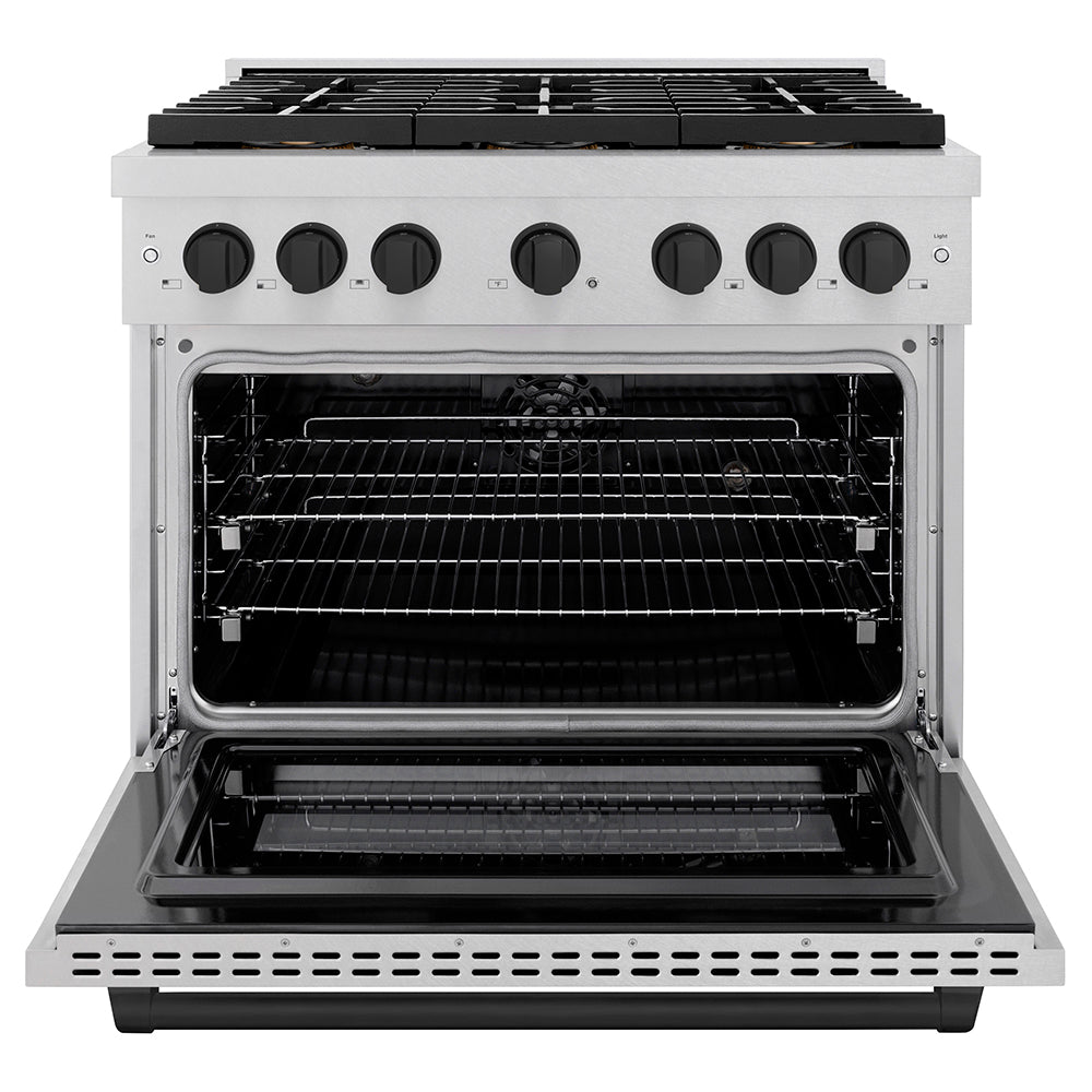 ZLINE Autograph Edition 36 in. 5.2 cu. ft. Paramount Dual Fuel Range with 6 Burner DuoPro™ Cooktop and Electric Convection Oven in Satin Stainless Steel and Matte Black Accents (PSDRSZ-36-MB) front, oven open.