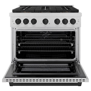 ZLINE Autograph Edition 36 in. 5.2 cu. ft. Paramount Dual Fuel Range with 6 Burner DuoPro™ Cooktop and Electric Convection Oven in Satin Stainless Steel and Matte Black Accents (PSDRSZ-36-MB) front, oven open.