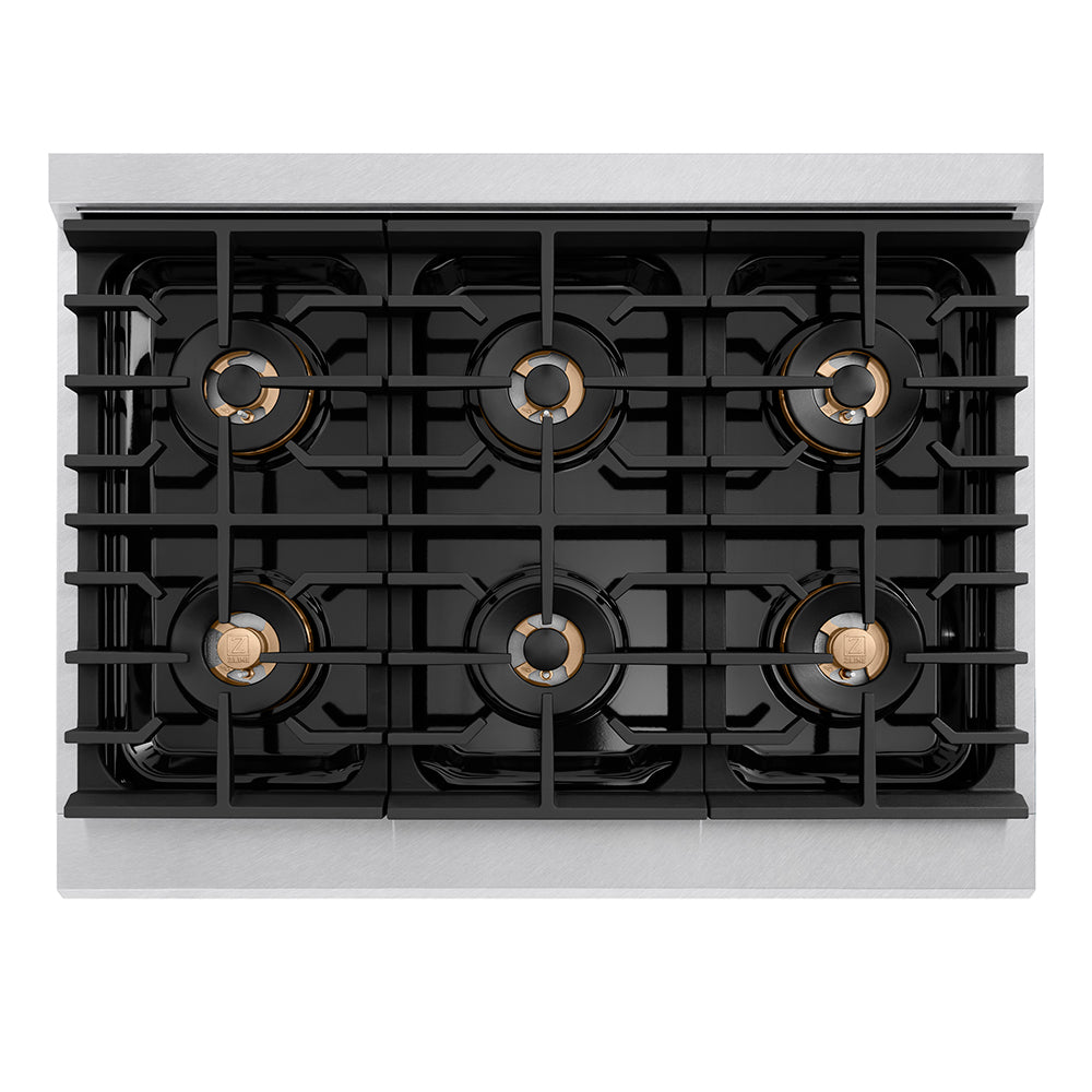 ZLINE Autograph Edition 36 in. 5.2 cu. ft. Paramount Dual Fuel Range with 6 Burner DuoPro™ Cooktop and Electric Convection Oven in Satin Stainless Steel and Matte Black Accents (PSDRSZ-36-MB) top-down, above cooktop.