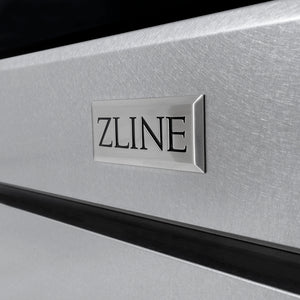 ZLINE Autograph Edition 48 in. 6.7 cu. ft. Paramount Dual Fuel Range with 8 Burner DuoPro™ Cooktop and Dual Ovens in Satin Stainless Steel and Champagne Bronze Accents (PSDRSZ-48-CB) ZLINE logo badge.