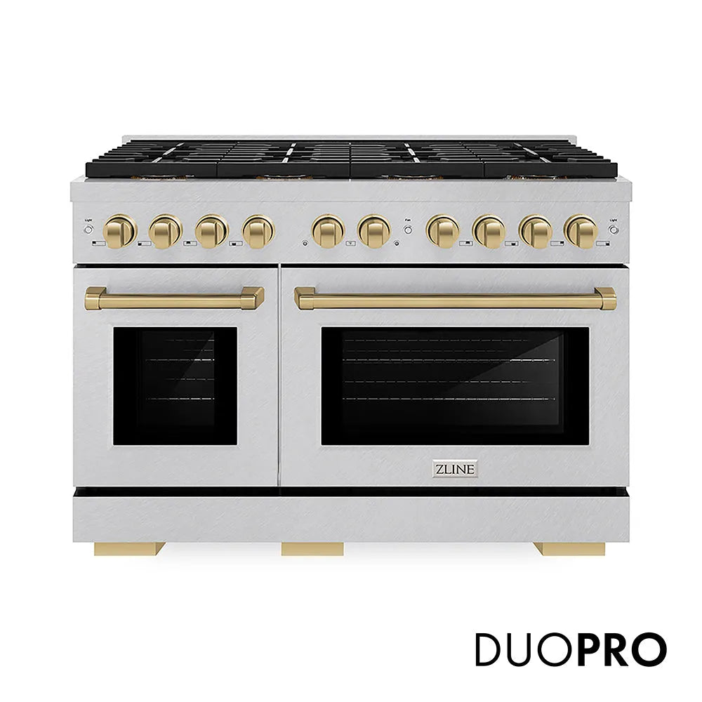 ZLINE Autograph Edition 48 in. 6.7 cu. ft. Paramount Dual Fuel Range with 8 Burner DuoPro™ Cooktop and Dual Ovens in Satin Stainless Steel and Champagne Bronze Accents (PSDRSZ-48-CB) main image.