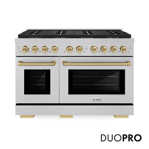 ZLINE Autograph Edition 48 in. 6.7 cu. ft. Paramount Dual Fuel Range with 8 Burner DuoPro™ Cooktop and Dual Ovens in Satin Stainless Steel and Champagne Bronze Accents (PSDRSZ-48-CB) main image.