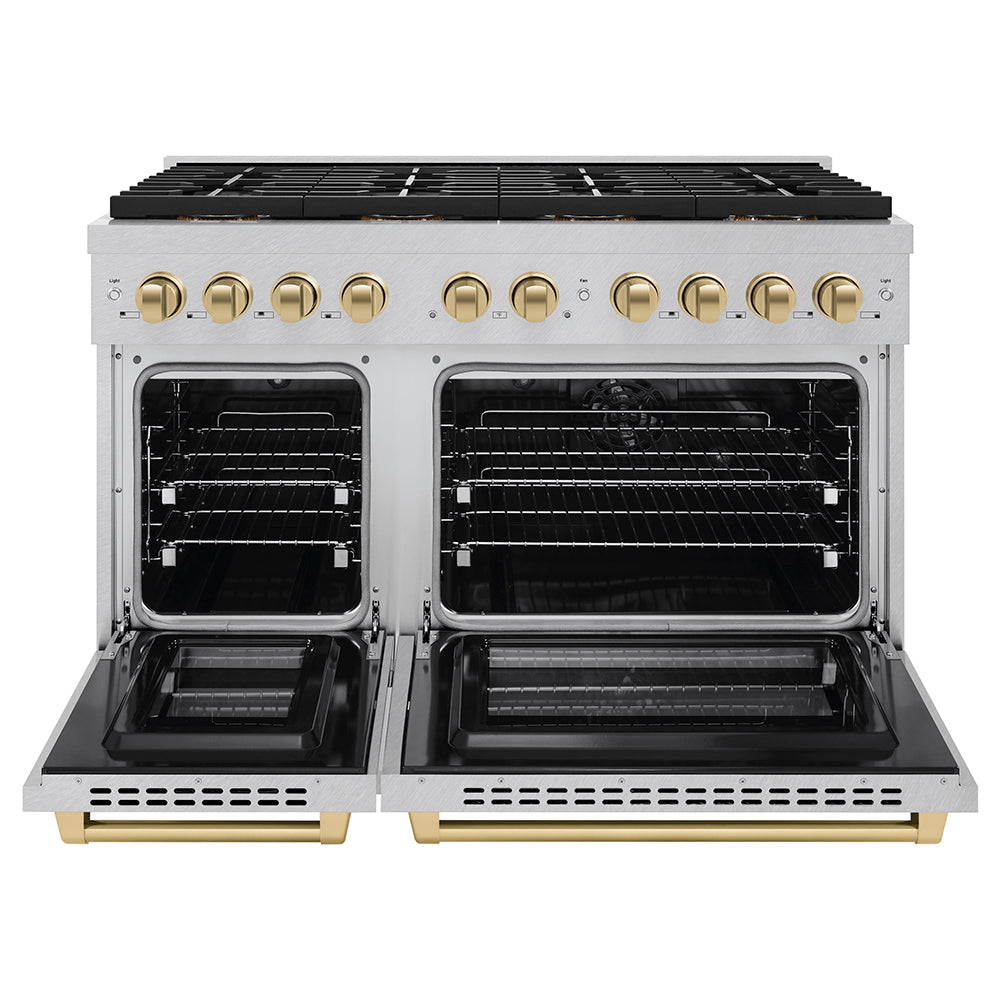ZLINE Autograph Edition 48 in. 6.7 cu. ft. Paramount Dual Fuel Range with 8 Burner DuoPro™ Cooktop and Dual Ovens in Satin Stainless Steel and Champagne Bronze Accents (PSDRSZ-48-CB) front, oven open.