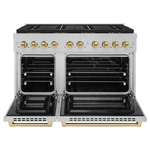 ZLINE Autograph Edition 48 in. 6.7 cu. ft. Paramount Dual Fuel Range with 8 Burner DuoPro™ Cooktop and Dual Ovens in Satin Stainless Steel and Champagne Bronze Accents (PSDRSZ-48-CB) front, oven open.