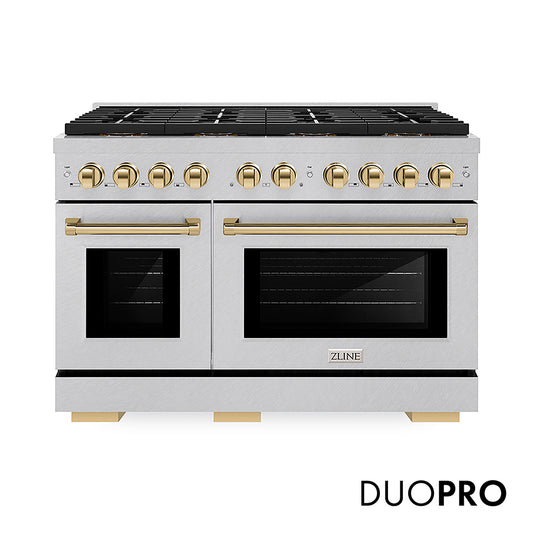 ZLINE Autograph Edition 48 in. 6.7 cu. ft. Paramount Dual Fuel Range with 8 Burner DuoPro™ Cooktop and Dual Ovens in Satin Stainless Steel and Polished Gold Accents (PSDRSZ-48-G)