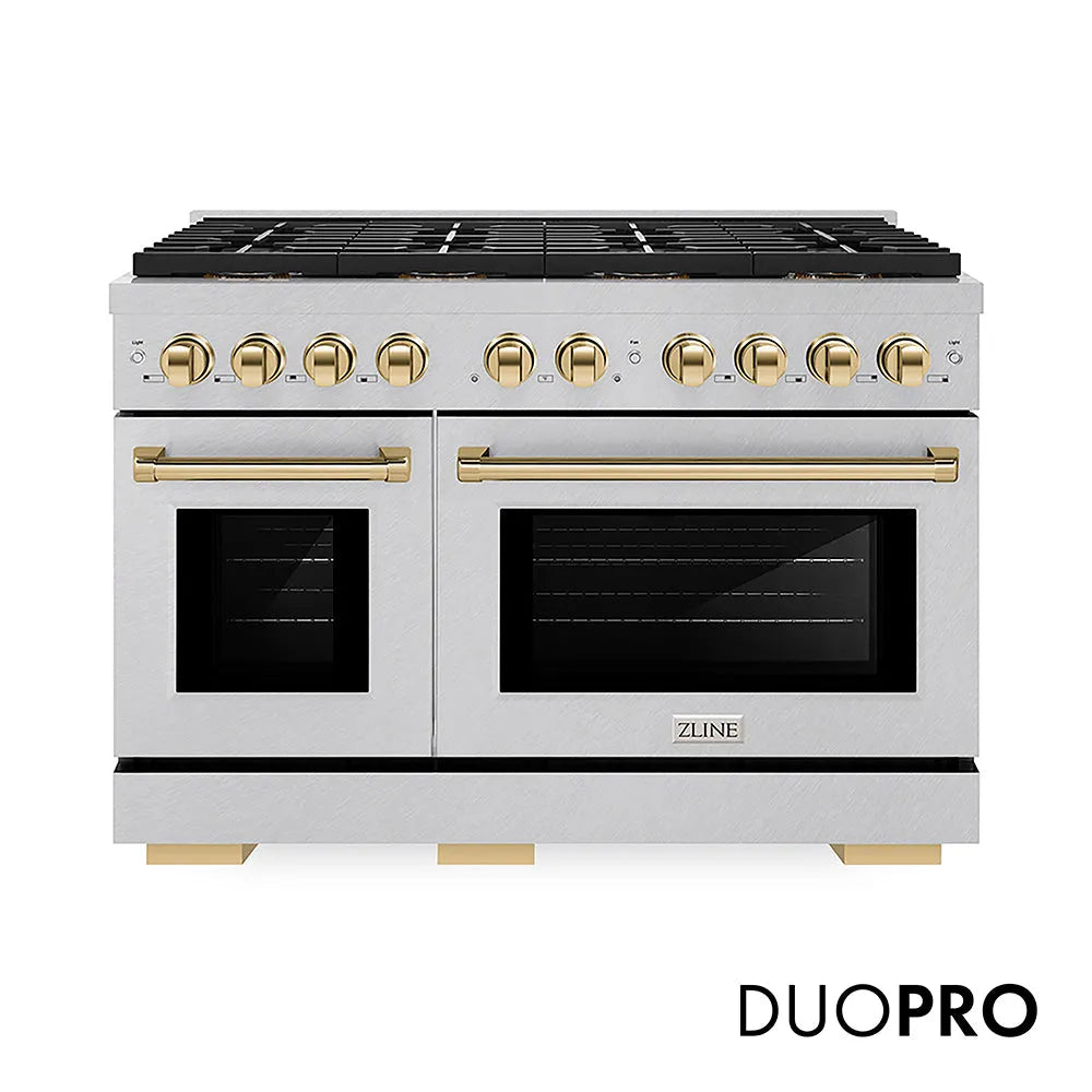 ZLINE Autograph Edition 48 in. 6.7 cu. ft. Paramount Dual Fuel Range with 8 Burner DuoPro™ Cooktop and Dual Ovens in Satin Stainless Steel and Polished Gold Accents (PSDRSZ-48-G) main image.
