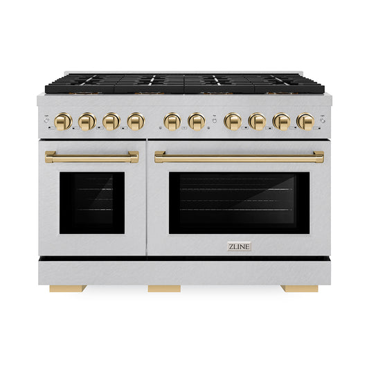 ZLINE Autograph Edition 48 in. 6.7 cu. ft. Paramount Dual Fuel Range with 8 Burner DuoPro™ Cooktop and Dual Ovens in Satin Stainless Steel and Polished Gold Accents (PSDRSZ-48-G)