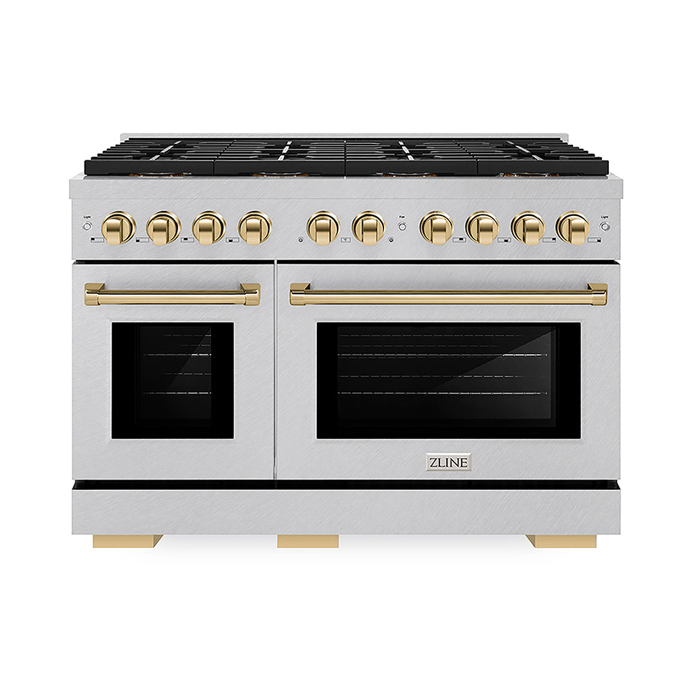 ZLINE Autograph Edition 48 in. 6.7 cu. ft. Paramount Dual Fuel Range with 8 Burner DuoPro™ Cooktop and Dual Ovens in Satin Stainless Steel and Polished Gold Accents (PSDRSZ-48-G)