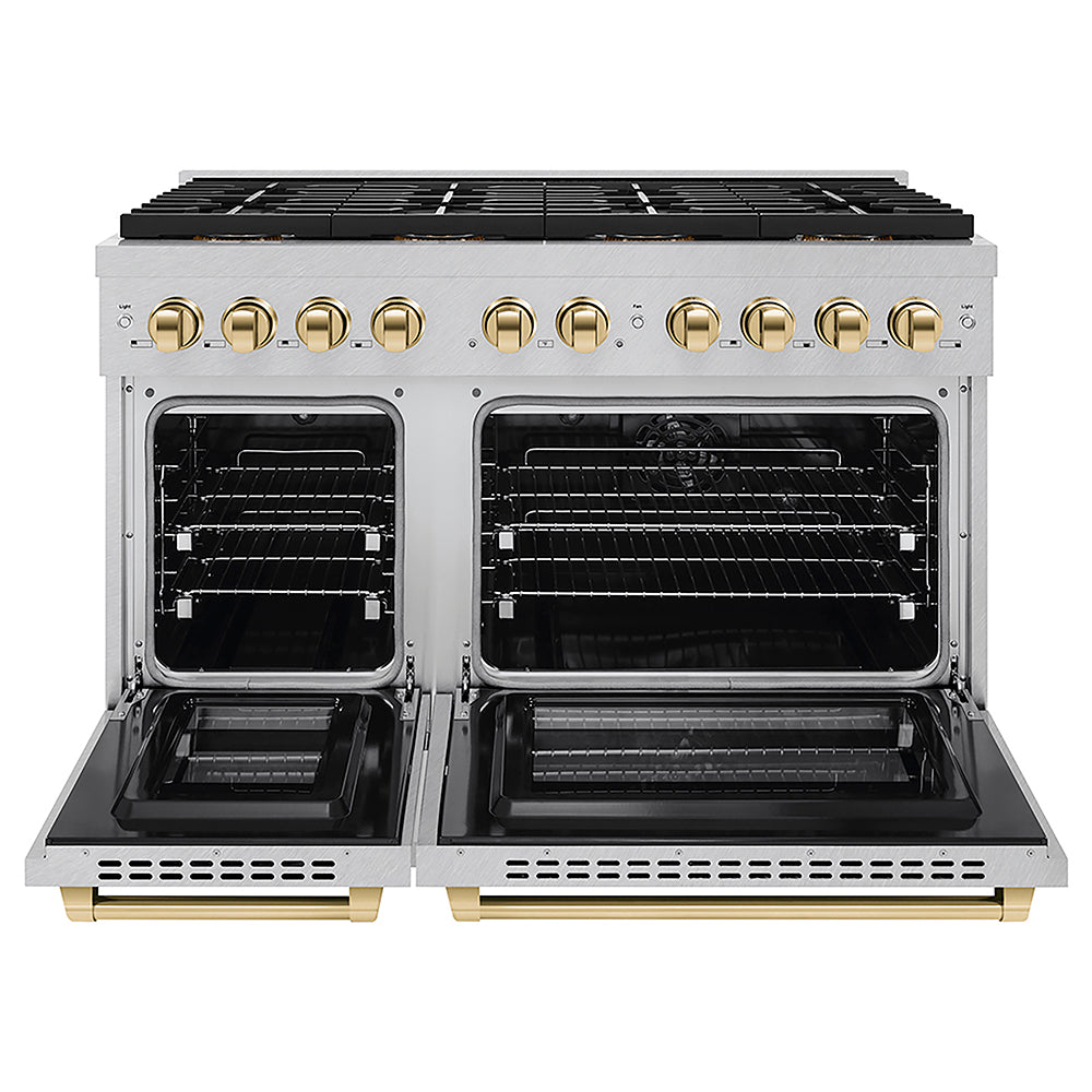 ZLINE Autograph Edition 48 in. 6.7 cu. ft. Paramount Dual Fuel Range with 8 Burner DuoPro™ Cooktop and Dual Ovens in Satin Stainless Steel and Polished Gold Accents (PSDRSZ-48-G)