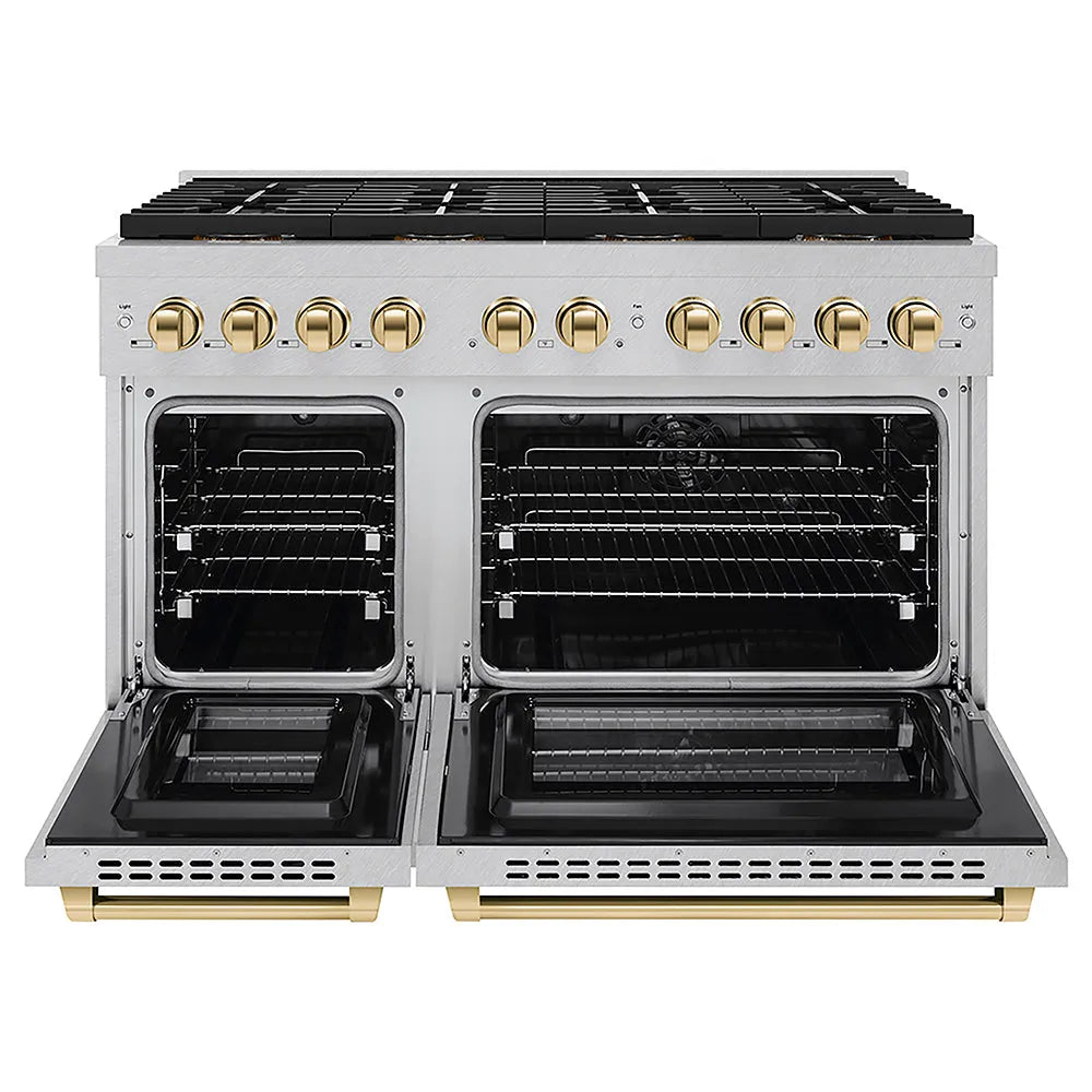 ZLINE Autograph Edition 48 in. 6.7 cu. ft. Paramount Dual Fuel Range with 8 Burner DuoPro™ Cooktop and Dual Ovens in Satin Stainless Steel and Polished Gold Accents (PSDRSZ-48-G) front, oven open.