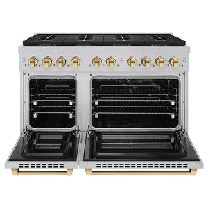 ZLINE Autograph Edition 48 in. 6.7 cu. ft. Paramount Dual Fuel Range with 8 Burner DuoPro™ Cooktop and Dual Ovens in Satin Stainless Steel and Polished Gold Accents (PSDRSZ-48-G) front, oven open.