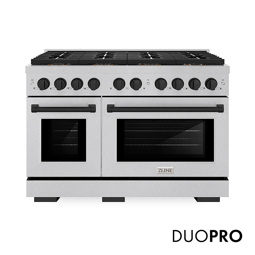 ZLINE Autograph Edition 48 in. 6.7 cu. ft. Paramount Dual Fuel Range with 8 Burner DuoPro™ Cooktop and Dual Ovens in Satin Stainless Steel and Matte Black Accents (PSDRSZ-48-MB)