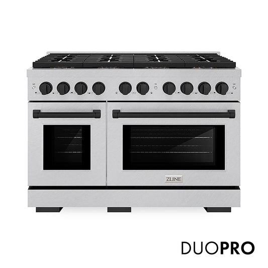 ZLINE Autograph Edition 48 in. 6.7 cu. ft. Paramount Dual Fuel Range with 8 Burner DuoPro™ Cooktop and Dual Ovens in Satin Stainless Steel and Matte Black Accents (PSDRSZ-48-MB)