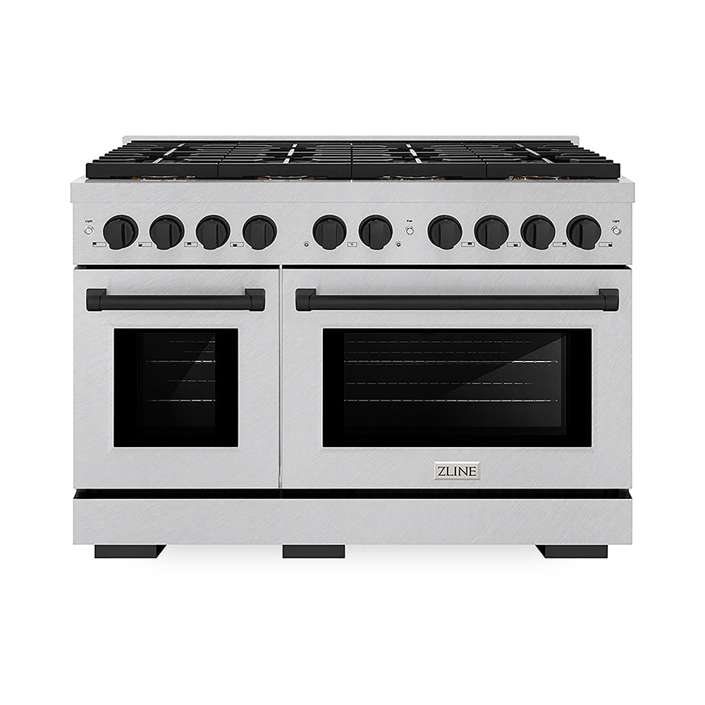 ZLINE Autograph Edition 48 in. 6.7 cu. ft. Paramount Dual Fuel Range with 8 Burner DuoPro™ Cooktop and Dual Ovens in Satin Stainless Steel and Matte Black Accents (PSDRSZ-48-MB)