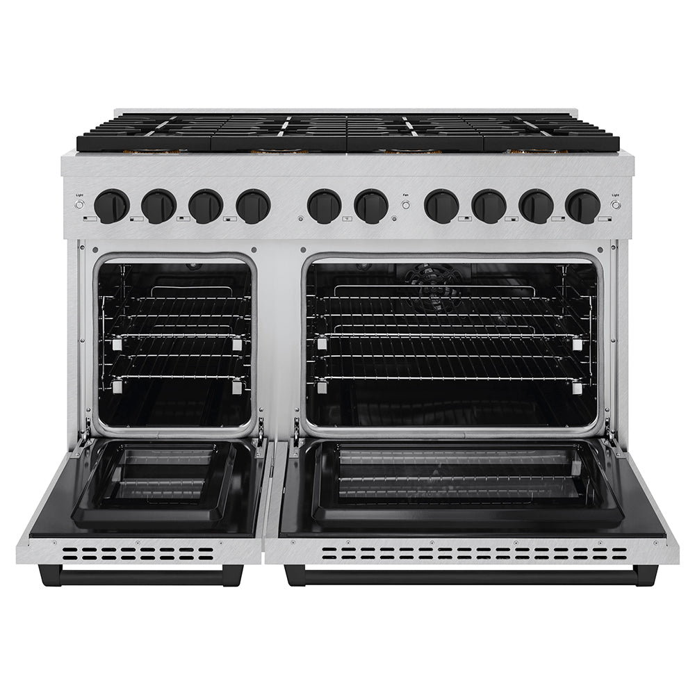 ZLINE Autograph Edition 48 in. 6.7 cu. ft. Paramount Dual Fuel Range with 8 Burner DuoPro™ Cooktop and Dual Ovens in Satin Stainless Steel and Matte Black Accents (PSDRSZ-48-MB) front, oven open.