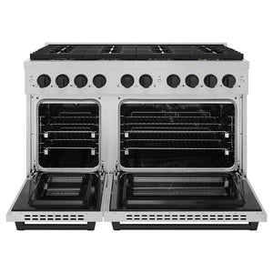 ZLINE Autograph Edition 48 in. 6.7 cu. ft. Paramount Dual Fuel Range with 8 Burner DuoPro™ Cooktop and Dual Ovens in Satin Stainless Steel and Matte Black Accents (PSDRSZ-48-MB) front, oven open.