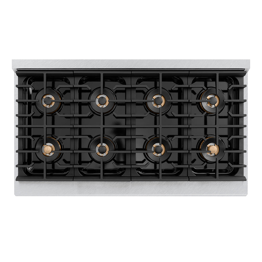 ZLINE Autograph Edition 48 in. 6.7 cu. ft. Paramount Dual Fuel Range with 8 Burner DuoPro™ Cooktop and Dual Ovens in Satin Stainless Steel and Matte Black Accents (PSDRSZ-48-MB) top-down, above cooktop.