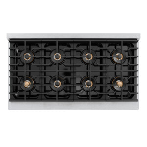 ZLINE Autograph Edition 48 in. 6.7 cu. ft. Paramount Dual Fuel Range with 8 Burner DuoPro™ Cooktop and Dual Ovens in Satin Stainless Steel and Matte Black Accents (PSDRSZ-48-MB) top-down, above cooktop.