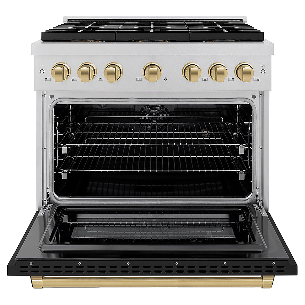 ZLINE Autograph Edition 36 in. 5.2 cu. ft. Paramount Dual Fuel Range with 6 Burner DuoPro™ Cooktop and Electric Convection Oven in Satin Stainless Steel with Black Matte Door and Champagne Bronze Accents (PSDRSZ-BLM36-CB)