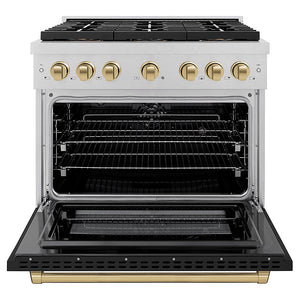 ZLINE Autograph Edition 36 in. 5.2 cu. ft. Paramount Dual Fuel Range with 6 Burner DuoPro™ Cooktop and Electric Convection Oven in Satin Stainless Steel with Black Matte Door and Champagne Bronze Accents (PSDRSZ-BLM36-CB)