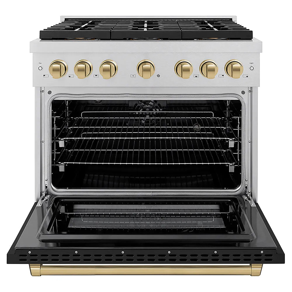 ZLINE Autograph Edition 36 in. 5.2 cu. ft. Paramount Dual Fuel Range with 6 Burner DuoPro™ Cooktop and Electric Convection Oven in Satin Stainless Steel with Black Matte Door and Champagne Bronze Accents (PSDRSZ-BLM36-CB) front, oven open.