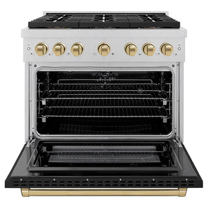ZLINE Autograph Edition 36 in. 5.2 cu. ft. Paramount Dual Fuel Range with 6 Burner DuoPro™ Cooktop and Electric Convection Oven in Satin Stainless Steel with Black Matte Door and Champagne Bronze Accents (PSDRSZ-BLM36-CB) front, oven open.