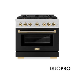 ZLINE Autograph Edition 36 in. 5.2 cu. ft. Paramount Dual Fuel Range with 6 Burner DuoPro™ Cooktop and Electric Convection Oven in Satin Stainless Steel with Black Matte Door and Polished Gold Accents (PSDRSZ-BLM36-G)