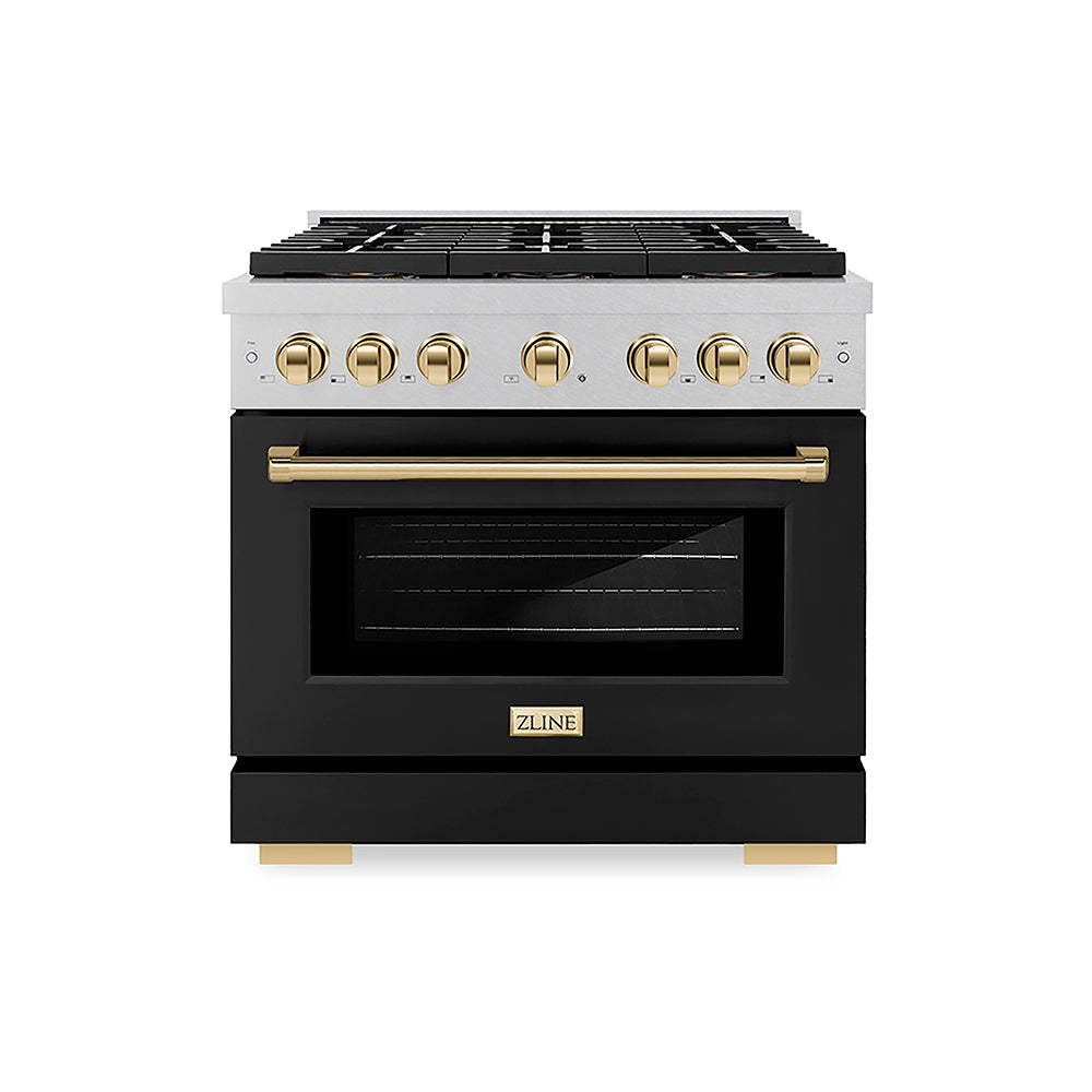 ZLINE Autograph Edition 36 in. 5.2 cu. ft. Paramount Dual Fuel Range with 6 Burner DuoPro™ Cooktop and Electric Convection Oven in Satin Stainless Steel with Black Matte Door and Polished Gold Accents (PSDRSZ-BLM36-G)