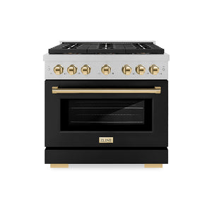 ZLINE Autograph Edition 36 in. 5.2 cu. ft. Paramount Dual Fuel Range with 6 Burner DuoPro™ Cooktop and Electric Convection Oven in Satin Stainless Steel with Black Matte Door and Polished Gold Accents (PSDRSZ-BLM36-G)