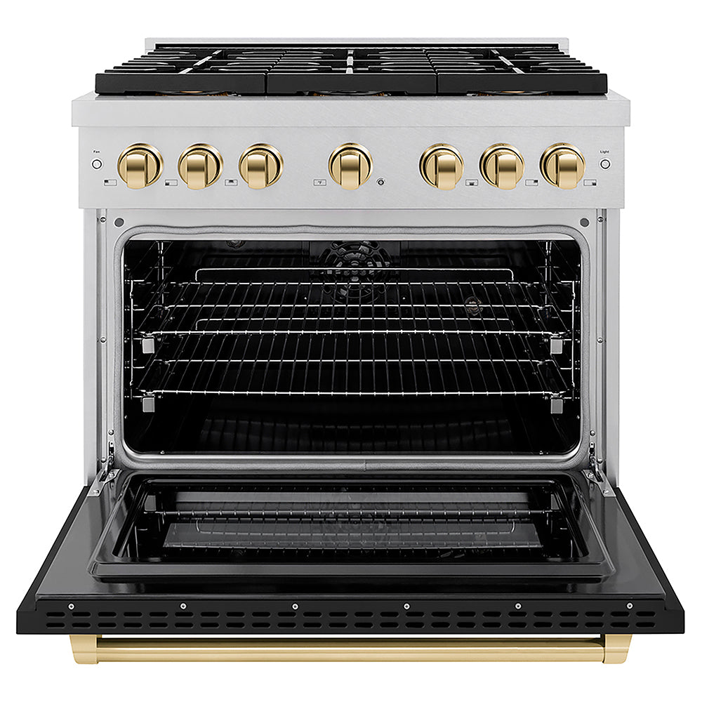 ZLINE Autograph Edition 36 in. 5.2 cu. ft. Paramount Dual Fuel Range with 6 Burner DuoPro™ Cooktop and Electric Convection Oven in Satin Stainless Steel with Black Matte Door and Polished Gold Accents (PSDRSZ-BLM36-G)