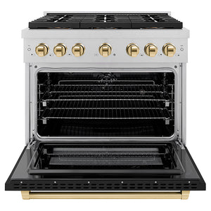ZLINE Autograph Edition 36 in. 5.2 cu. ft. Paramount Dual Fuel Range with 6 Burner DuoPro™ Cooktop and Electric Convection Oven in Satin Stainless Steel with Black Matte Door and Polished Gold Accents (PSDRSZ-BLM36-G)