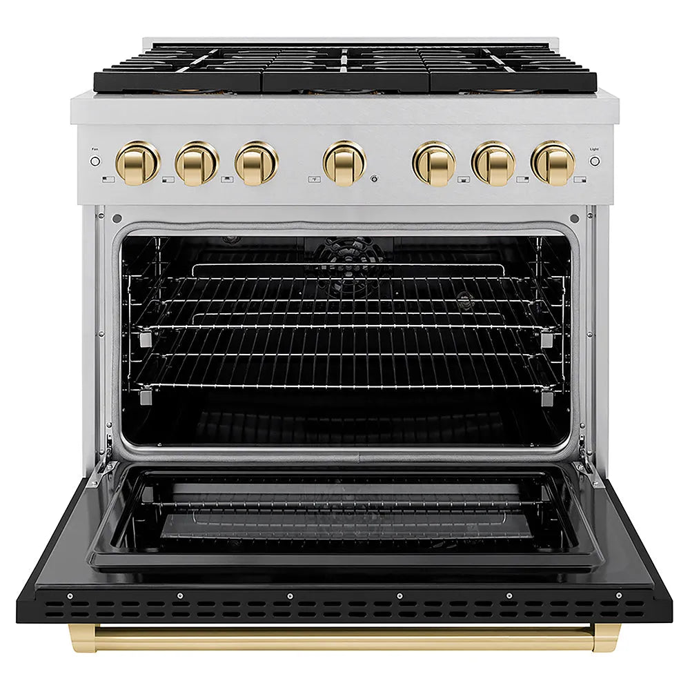 ZLINE Autograph Edition 36 in. 5.2 cu. ft. Paramount Dual Fuel Range with 6 Burner DuoPro™ Cooktop and Electric Convection Oven in Satin Stainless Steel with Black Matte Door and Polished Gold Accents (PSDRSZ-BLM36-G) front, oven open.