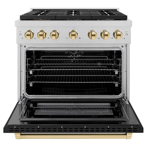 ZLINE Autograph Edition 36 in. 5.2 cu. ft. Paramount Dual Fuel Range with 6 Burner DuoPro™ Cooktop and Electric Convection Oven in Satin Stainless Steel with Black Matte Door and Polished Gold Accents (PSDRSZ-BLM36-G) front, oven open.