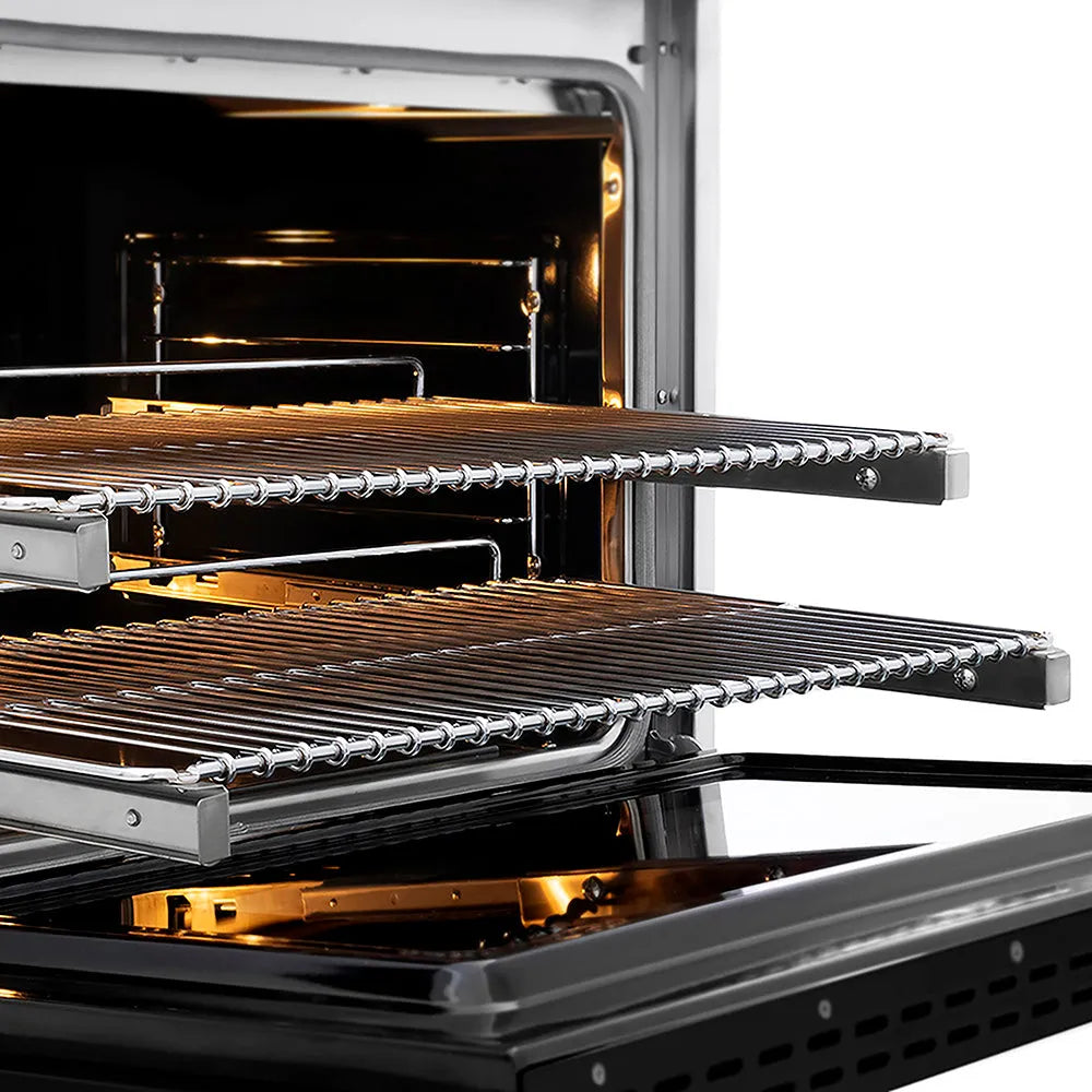ZLINE Autograph Edition 36 in. 5.2 cu. ft. Paramount Dual Fuel Range with 6 Burner DuoPro™ Cooktop and Electric Convection Oven in Satin Stainless Steel with Black Matte Door and Polished Gold Accents (PSDRSZ-BLM36-G) close-up, oven open with racks extended, showing design and structure.