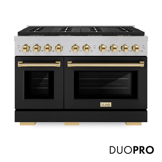 ZLINE Autograph Edition 48 in. 6.7 cu. ft. Paramount Dual Fuel Range with 8 Burner DuoPro™ Cooktop and Dual Ovens in Satin Stainless Steel with Black Matte Doors and Polished Gold Accents (PSDRSZ-BLM48-G)