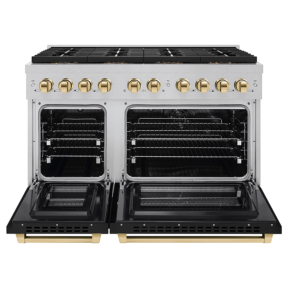 ZLINE Autograph Edition 48 in. 6.7 cu. ft. Paramount Dual Fuel Range with 8 Burner DuoPro™ Cooktop and Dual Ovens in Satin Stainless Steel with Black Matte Doors and Polished Gold Accents (PSDRSZ-BLM48-G)