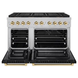 ZLINE Autograph Edition 48 in. 6.7 cu. ft. Paramount Dual Fuel Range with 8 Burner DuoPro™ Cooktop and Dual Ovens in Satin Stainless Steel with Black Matte Doors and Polished Gold Accents (PSDRSZ-BLM48-G)
